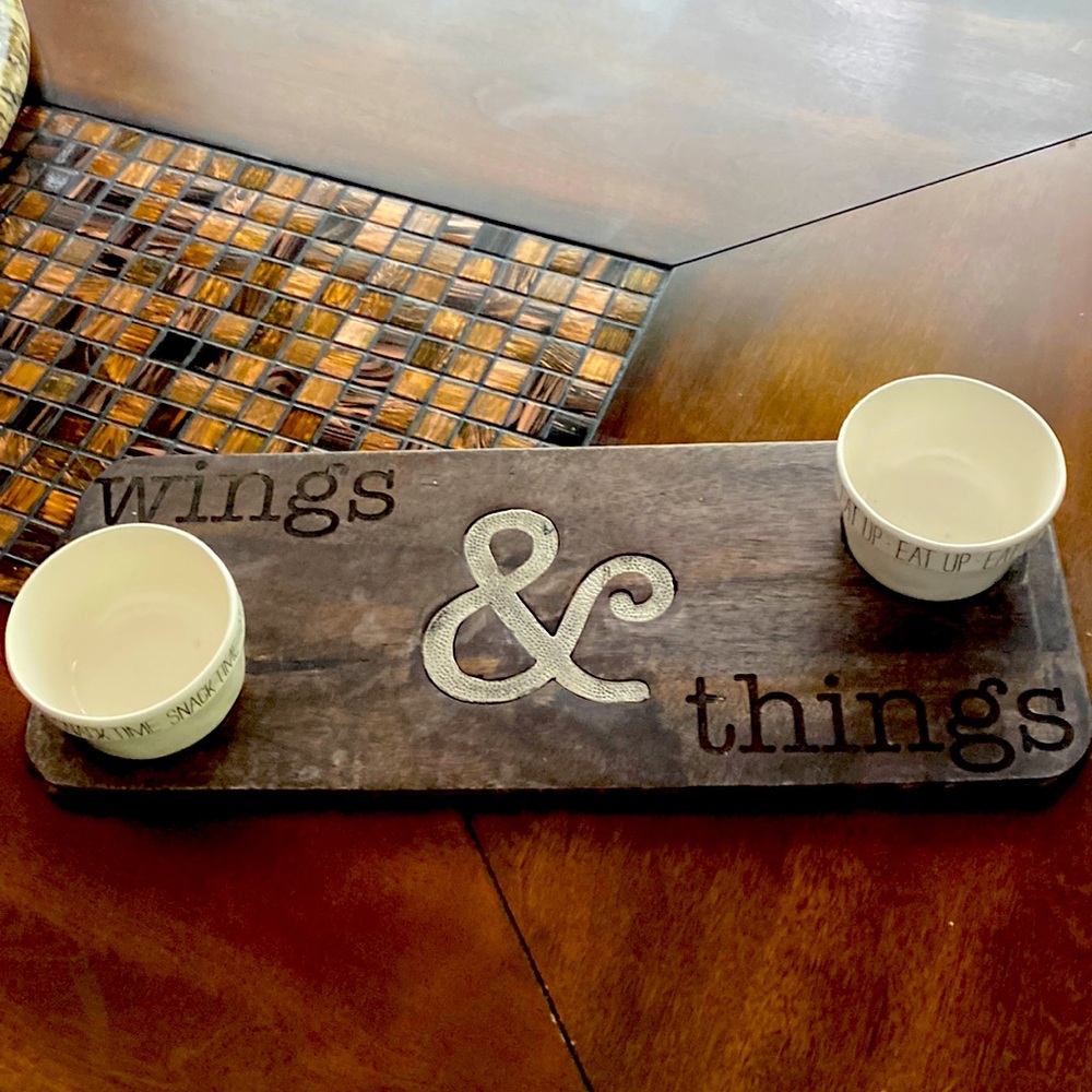 New “Wings & Things” serving board with two dipping bowls